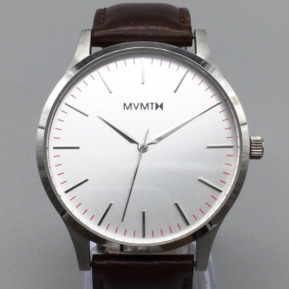 MVMT Watch Men 40mm Silver Tone Brown Leather Band New Battery - Picture 1 of 16